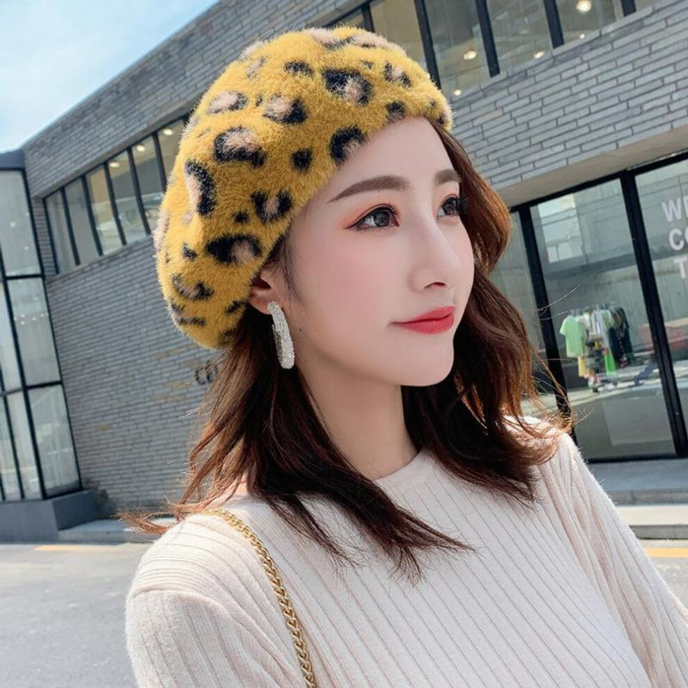 (yellow) Retro Leopard Imitation Mink Beret Female Winter Hat Japanese Painter Hat