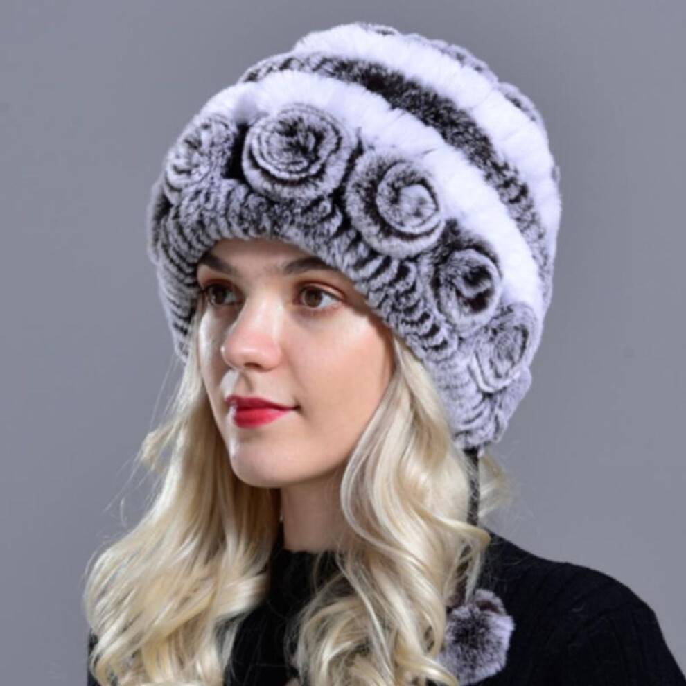 (coffee,white, 55to59cm) Raglaido Winter Hats For Girls Women&apos;s Fur Hat Real Rex Rabbit Cap Floral Knitted Hat With Balls Skulls Beanies 55-59cm Lq11280