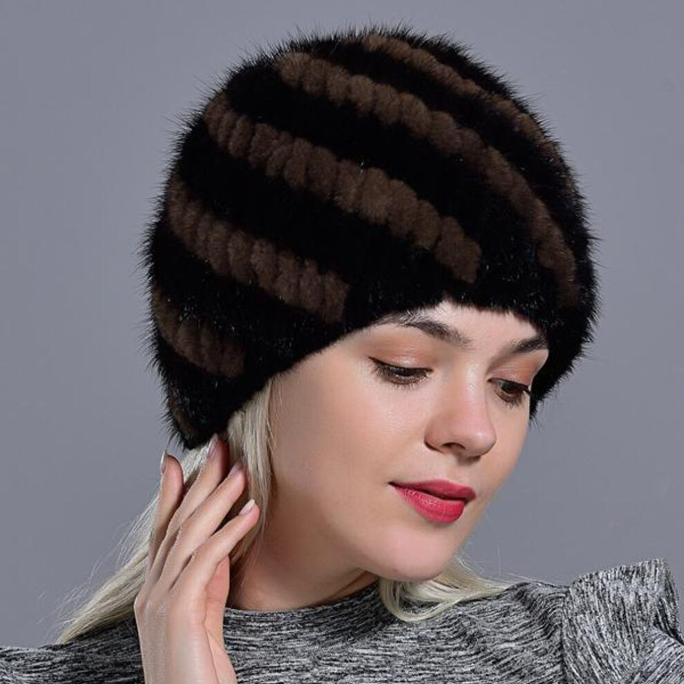 (black,brown) Winter Womens Mink Fur Hats     Fur Knitted Cap Fashionable Fluffy Ladies Genuine Fur Beanie Female Black Fur Caps