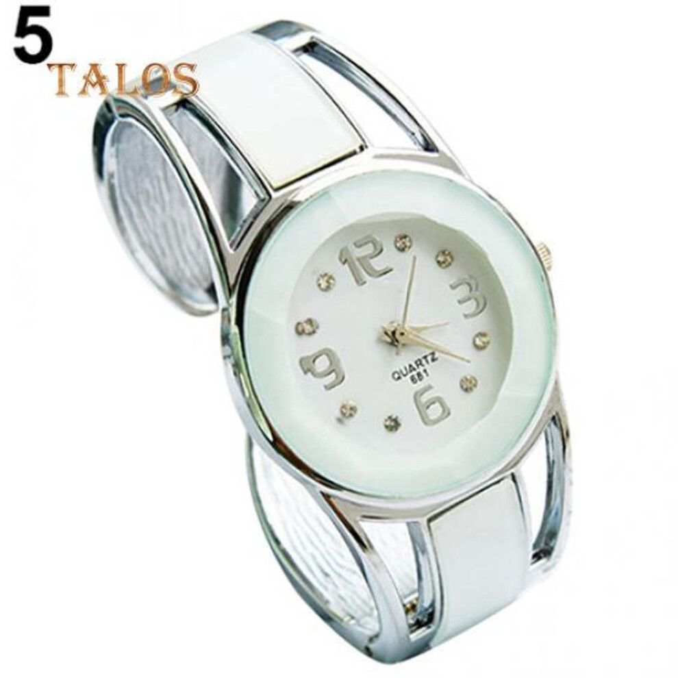 (white) Women&apos;s Fashion Open Metal Band Quartz Analog Round Dial Bracelet Wrist Watch Trinket