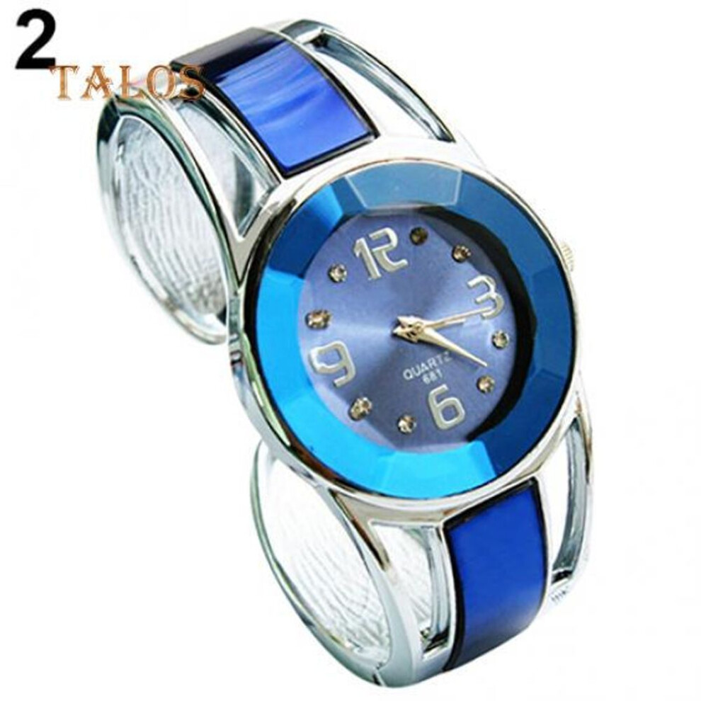 (blue) Women&apos;s Fashion Open Metal Band Quartz Analog Round Dial Bracelet Wrist Watch Trinket