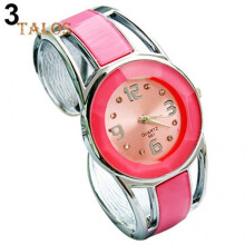 (pink) Women's Fashion Open Metal Band Quartz Analog Round Dial Bracelet Wrist Watch Trinket