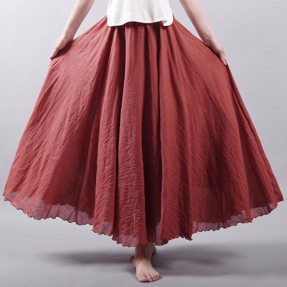 (M, brown) Women&apos;s Elegant High Waist Linen Maxi Skirt Summer Ladies Casual Elastic Waist 2 Layers Skirts Saia Feminina