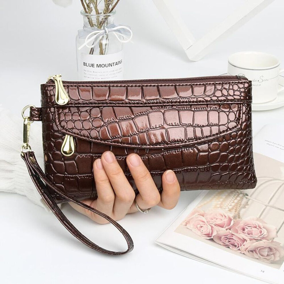 (brown) Laamei Wallet Lady Long Lasual Bright Face Clutch Zipper Phone Bag