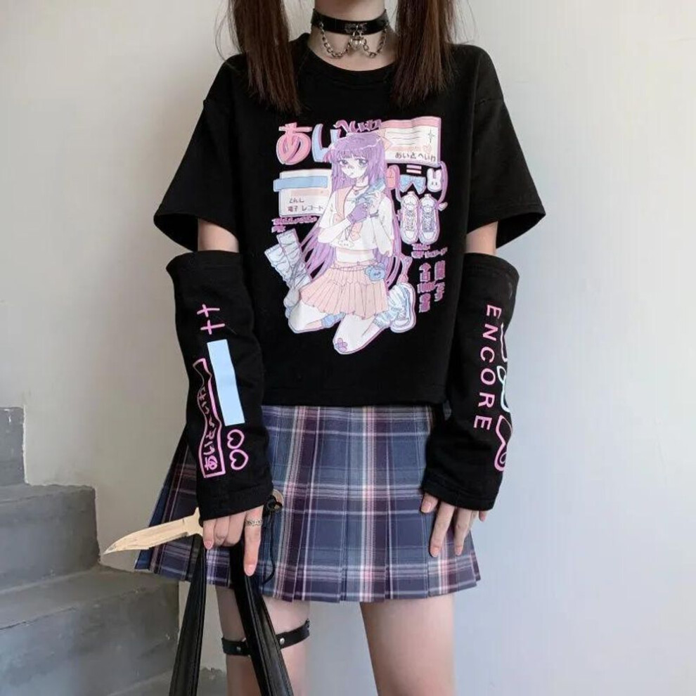 (S, black) Japanese Streetwear E Girl Anime Tshirt Clothes With Arm Cover Graphic Top Harajuku Kawaii Summer Tops For Women T Shirt