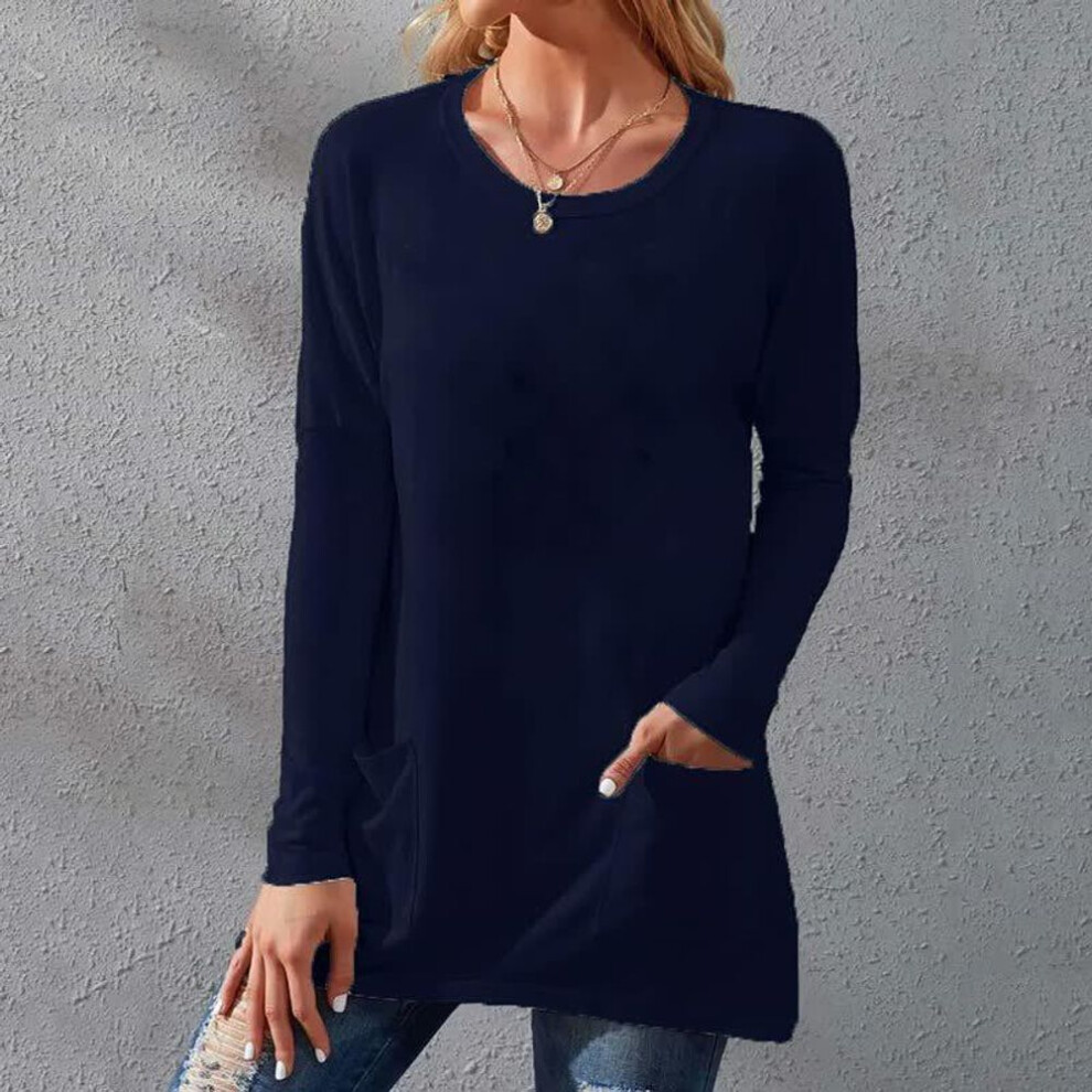 (2XL, navy blue) Women&apos;s Autumn New Plus Size Casual Loose Solid Color T-shirts Round Neck Long Sleeve Shirts Tops Pocket