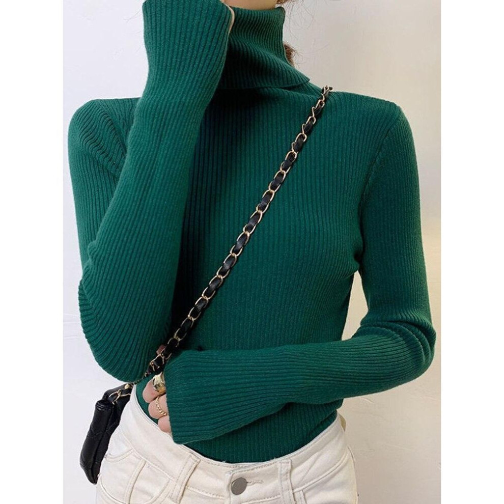 (One Size, dark green) ITOOLIN Women Casual Soft Cashmere Elastic Sweaters Turtleneck Slim Knit Pullovers For Women Solid Jumpers Winter