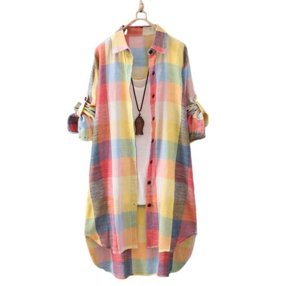 (3XL, orange,yellow) Women Shirt Plaid Print Contrast Color Irregular Hem Single-breasted Long Sleeve Lapel Oversized Soft Breathable Top