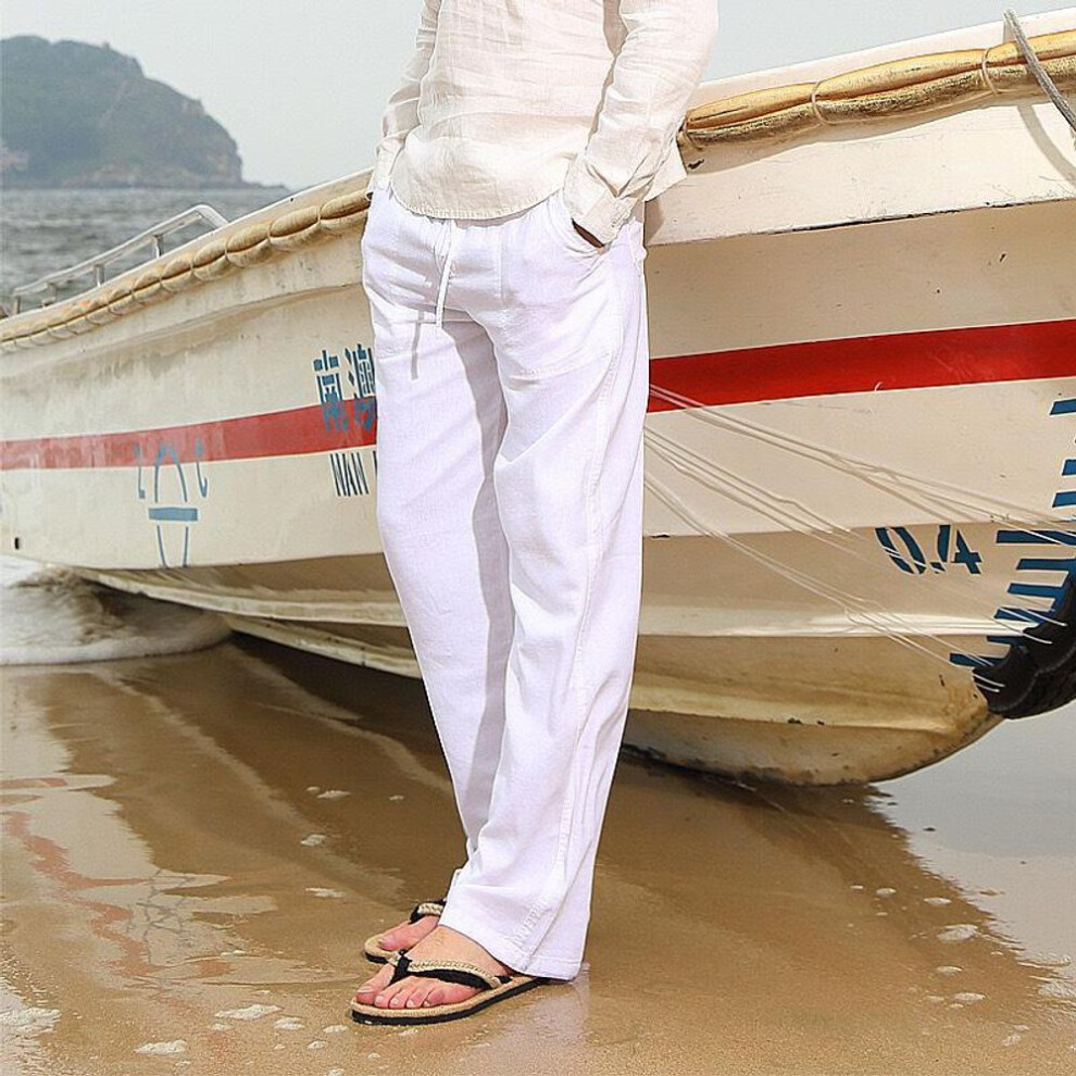(white, 5XL) Women&apos;s Cotton Linen Casual Straight Pants Woman Solid Color White Black Comfortable Linen Long Pants Pocket Loose Trousers