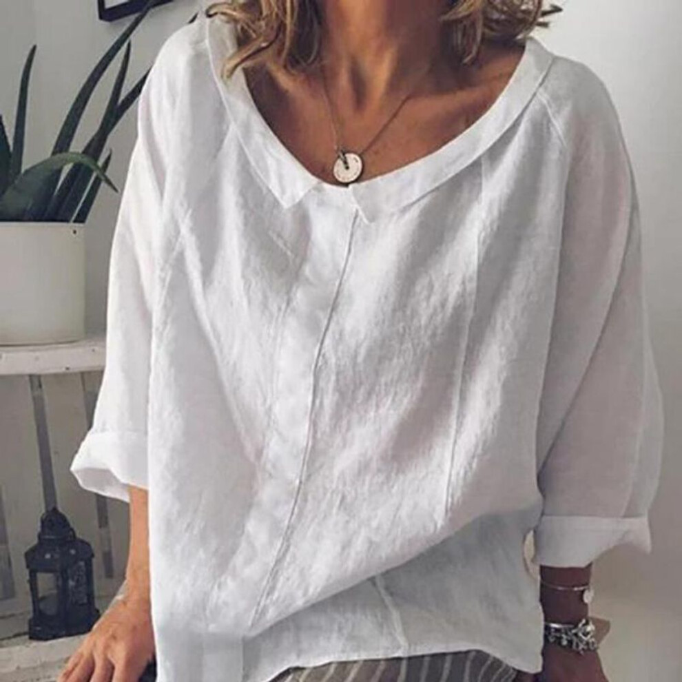 (4XL, white) Cotton Raglan Sleeve Women Blouses Summer Long Sleeve Solid Color Blouse Turn Down Collar Shirts Plus Size Top