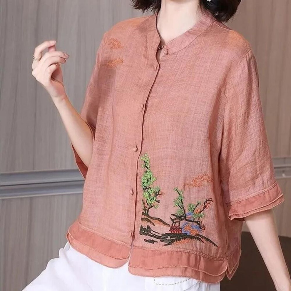 (3XL, as the picture) Tree Embroidery Shirt Coffee Green Spring Fall Women Tops Ruffle Sleeve Buttoned Cotton Linen Blouse