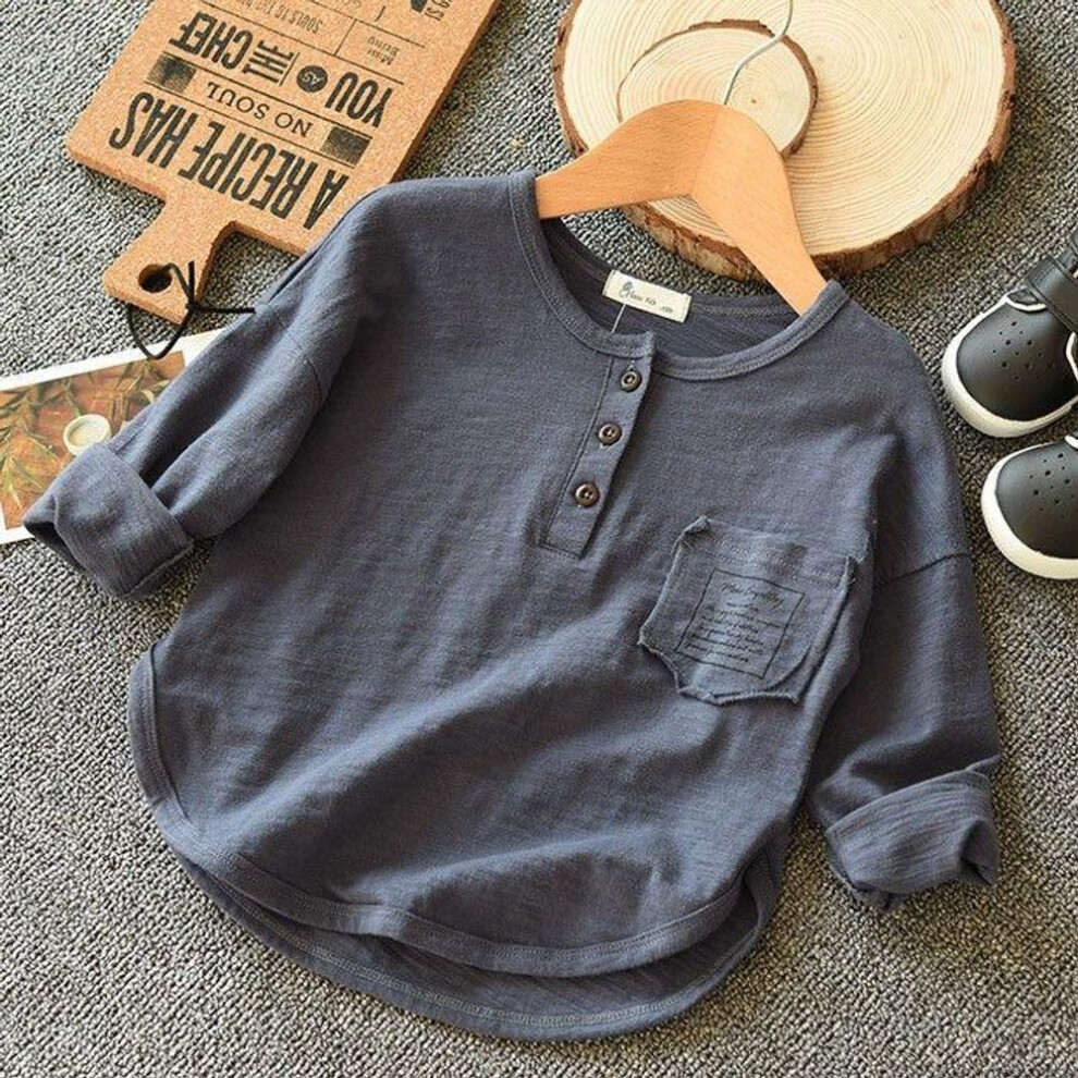 (blue, 150 (height 140-145cm)) Boy Button Cotton Long-sleeve T-shirts Solid Color Spring Autumn Letters Pocket Children&apos;s Bottoming Shirts 2-12 Year Boys Tops