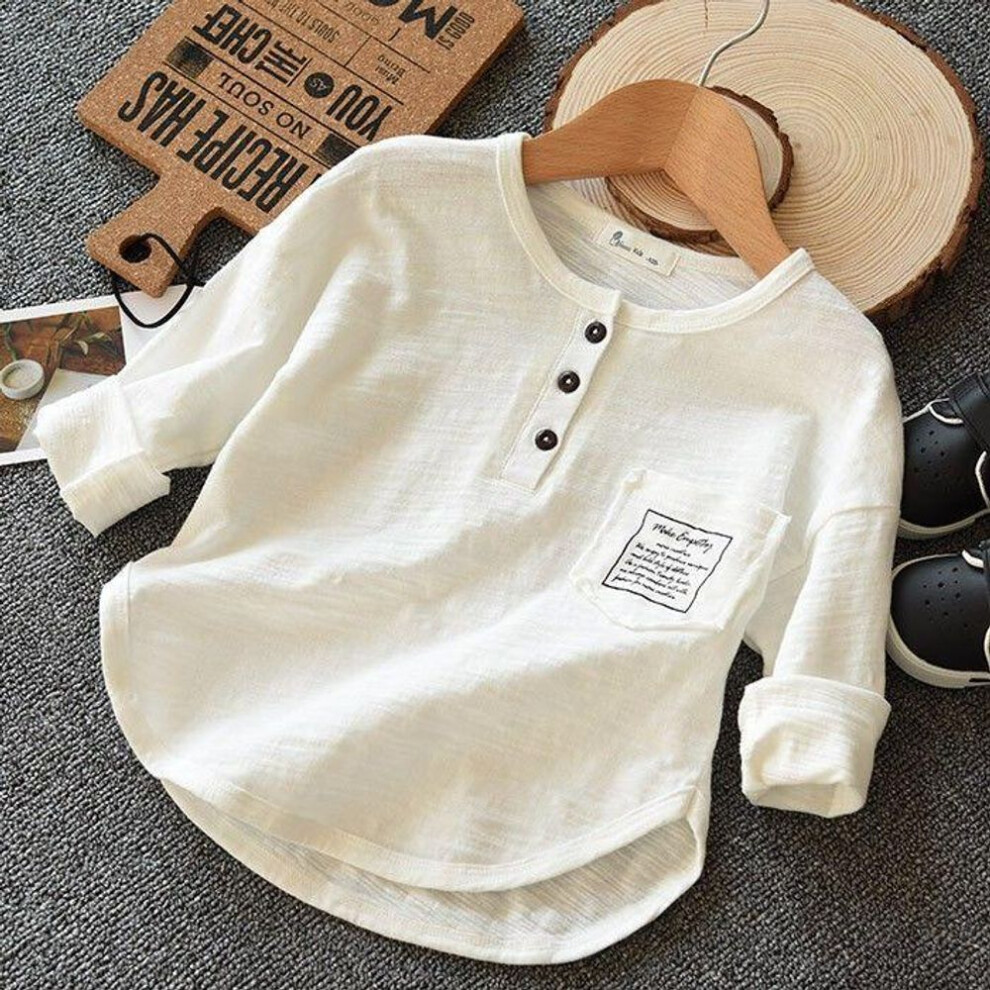 (white, 140 (height 130-135cm)) Boy Button Cotton Long-sleeve T-shirts Solid Color Spring Autumn Letters Pocket Children&apos;s Bottoming Shirts 2-12 Year Boys Tops