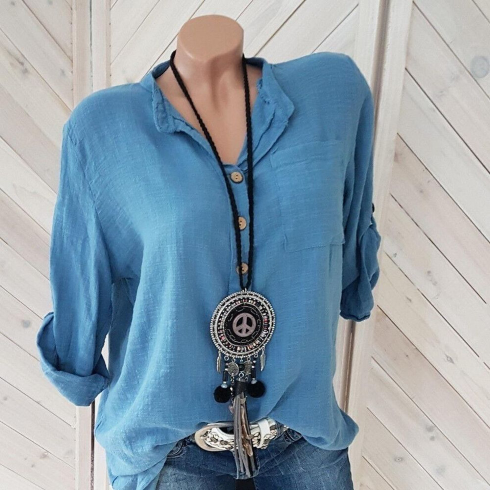 (XXXL, blue) Spring Autumn Women Solid Color Button V Neck Cotton Linen Blouse Cotton Linen Plus Size Pocket Tops
