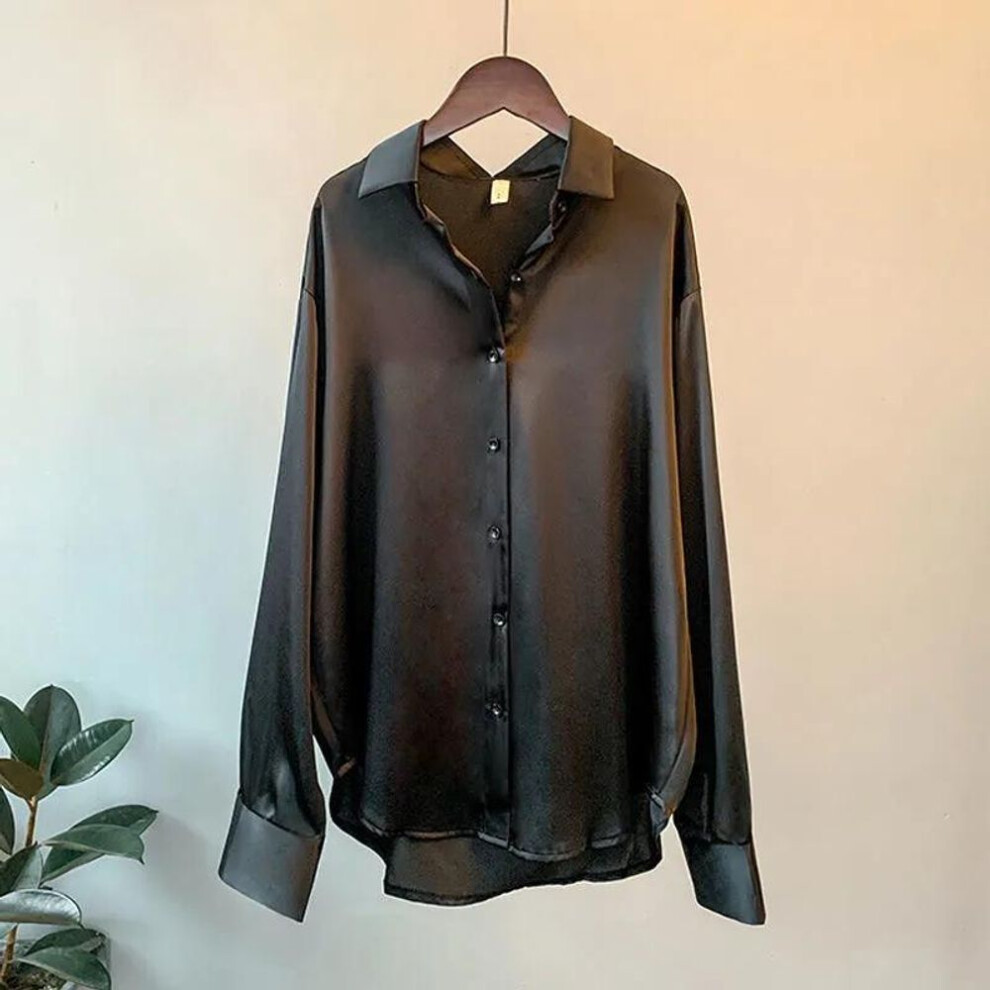 (L, black) Satin Shirt Ladies Blouse Spring Autumn Tops Women Clothing Button Up Long Sleeve Solid Loose Plus Size Shirts