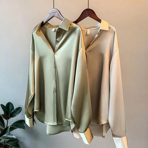 (M, white) Satin Blouse Ladies Button-Up Long Sleeve 1