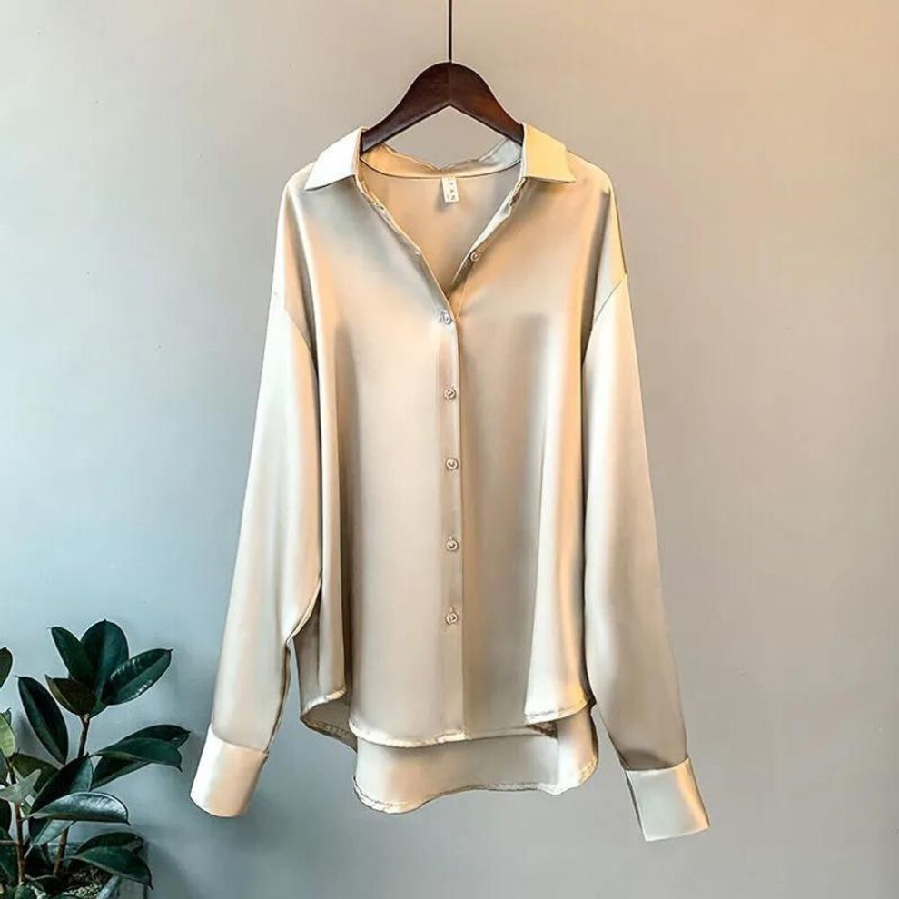 (L, champagne) Satin Shirt Ladies Blouse Spring Autumn Tops Women Clothing Button Up Long Sleeve Solid Loose Plus Size Shirts