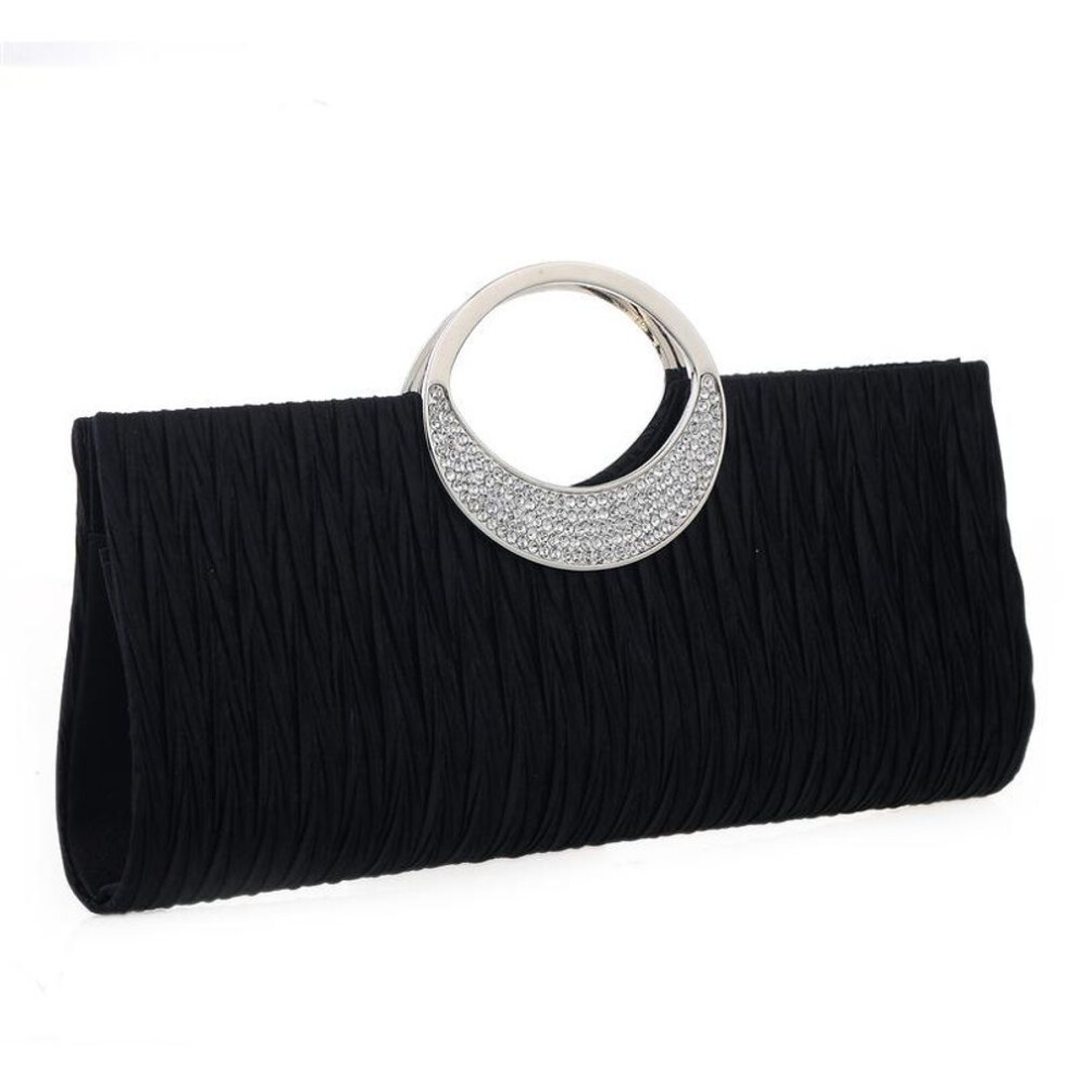 (black, None) Women Luxury Rhinestone Satin Pleated Evening Bag Party Clutch Purse Handbag