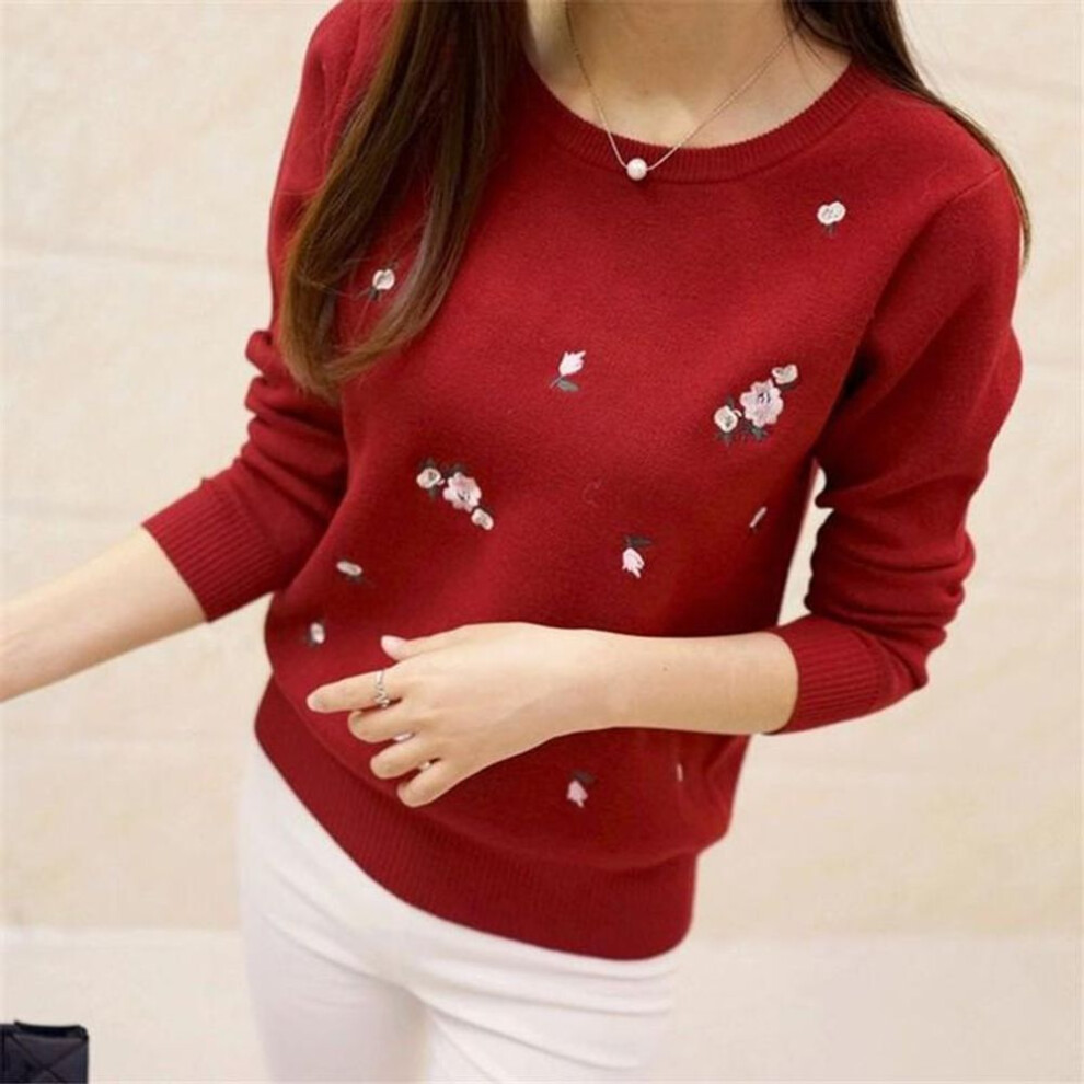 (S, red) Winter Sweaters Women Embroidery Ladies Pullover Female Autumn High Elastic Tricot Jumper Wool Tops