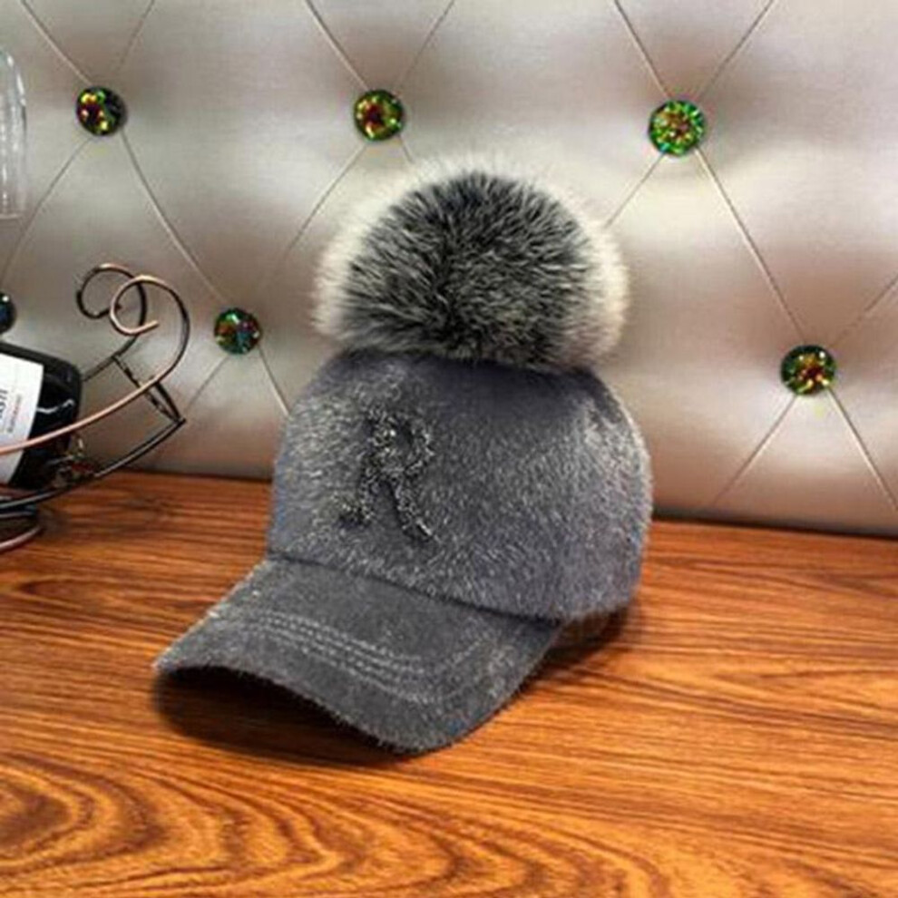 (grey) Autumn Winter Warm Baseball Cap Women Rhinestone Letter Pom Pom Hip Hop Caps Ladies Girls Fur Ball Casual Sun Hats