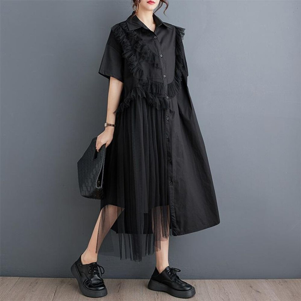Short Sleeve Plus Size Black Cotton Mesh Vintage  New In Dresses For Women Casual Loose Long Summer Shirt Dress