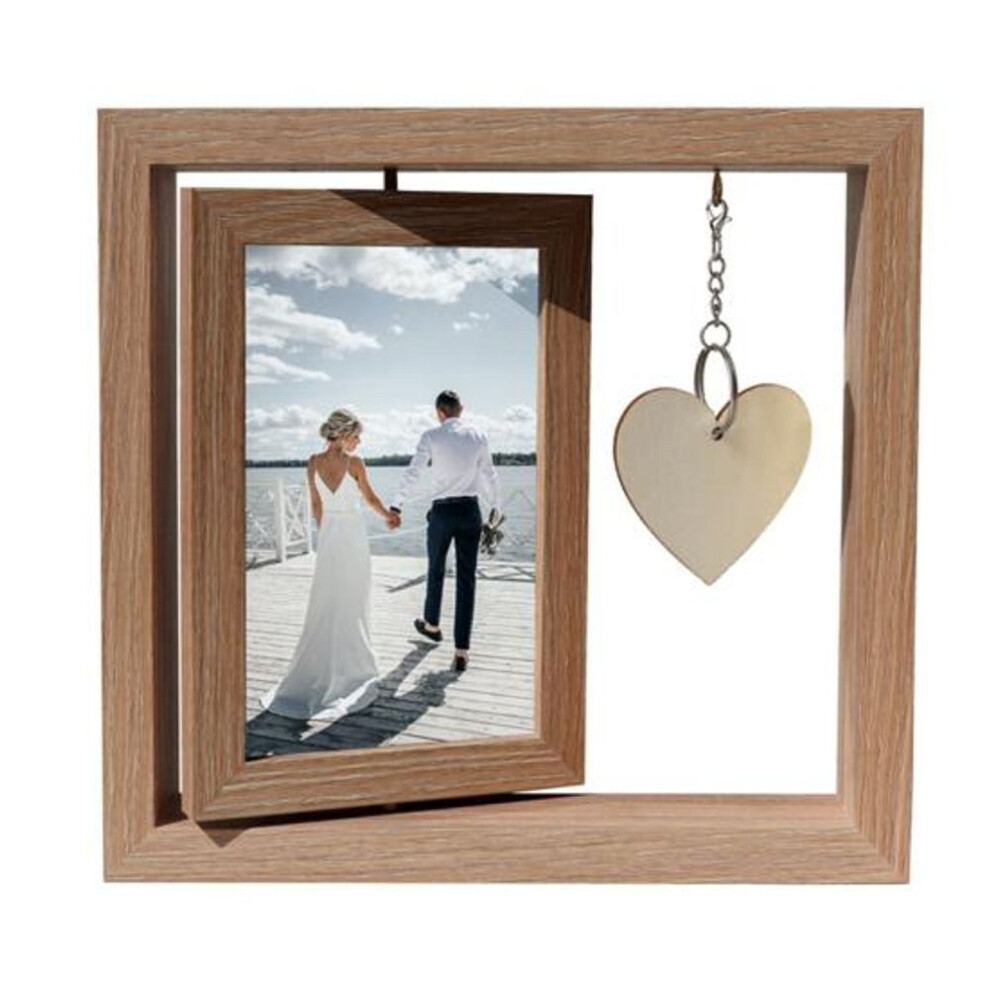 Photo Frame Double Sided Rotating Floating Wooden Picture Frame With Engraved Heart Pendant Gift For Dad Husband