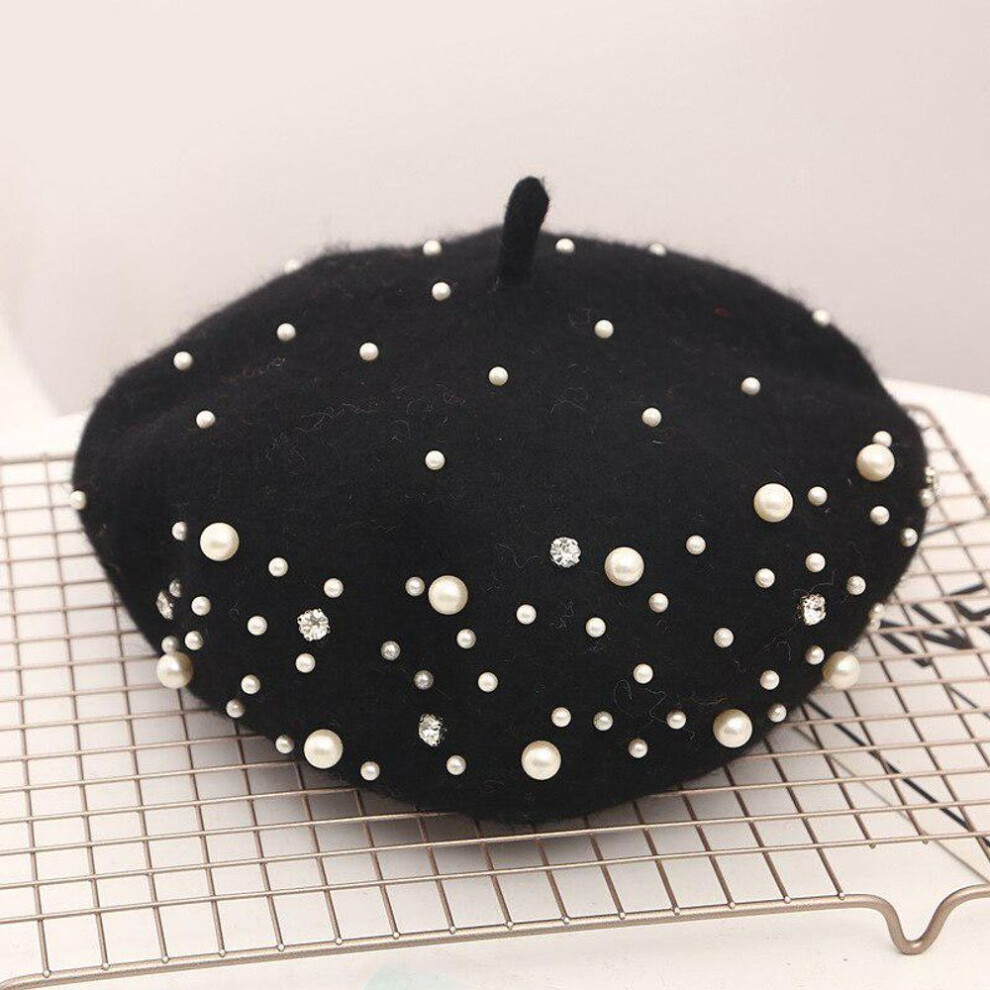 (black) Pearl Beret Hat for Women Cashmere Winter Retro French Winter Black Red French Artist Flat Fashion Solid Color Lady Vintage Cap
