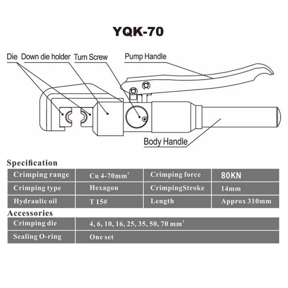 Hydraulic Crimping Tool Cable Lug Crimper Plier Hydraulic Compression Tool Yqk-70 4-70mm2 Pressure 5-6t