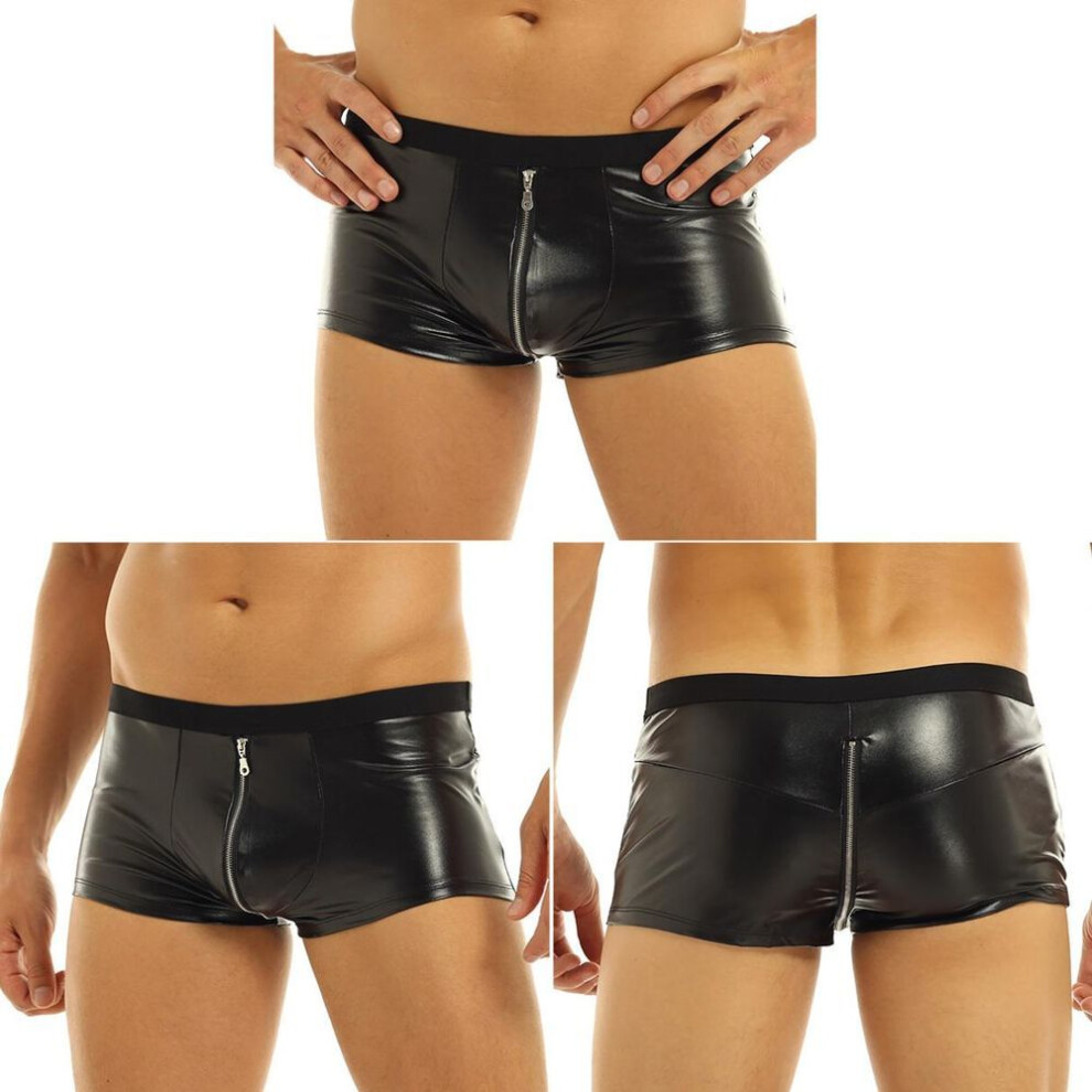 (L) Men&apos;s Sexy Underwear Panties Faux Leather Underpants Male&apos;s Bulge Pouch Low Rise Boxer Briefs Shorts