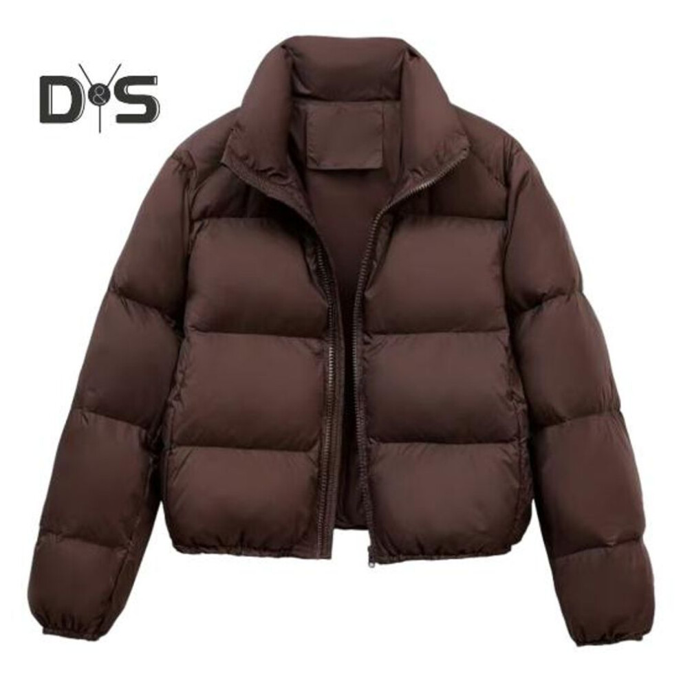 (coffee, M) Winter Women Coat Stand Collar Neck Protection Zipper Closure Long Sleeves Windproof Heat Retention Padded Down Coat Men Slim Fit Outdoor Jacket