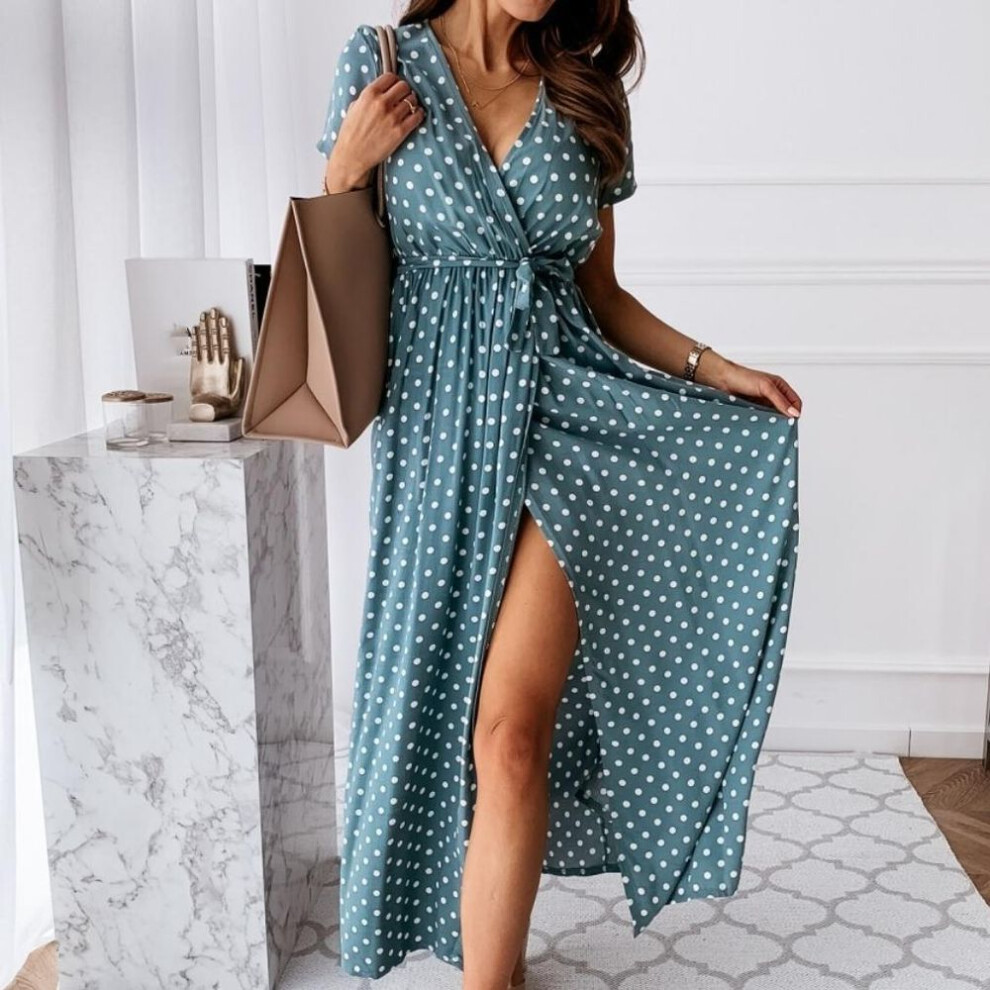 (blue, XL) Qiced Summer Short Sleeve V-neck Bohemian Polka Dot Print Dress Long Skirt