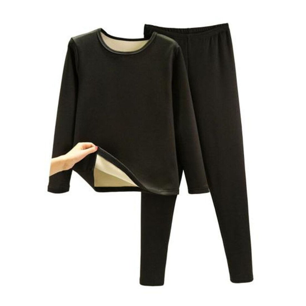 (black, 3XL) 2 Pcs/Set Winter Top Pants Set Thick Plush Round Neck Long Sleeve Elastic Waist Warm Soft Cold-proof Homewear Pajamas Set Thermal Underwear Set