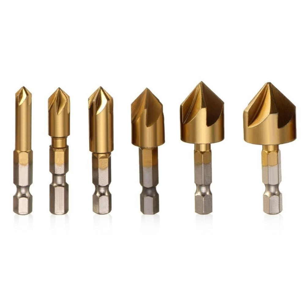 6pcs/set 6mm-19mm Flute Chamfer Countersink Round  1/4" Hex Shank Hss 90 Degree Wood Chamfering Cutter Countersink Drill Bit