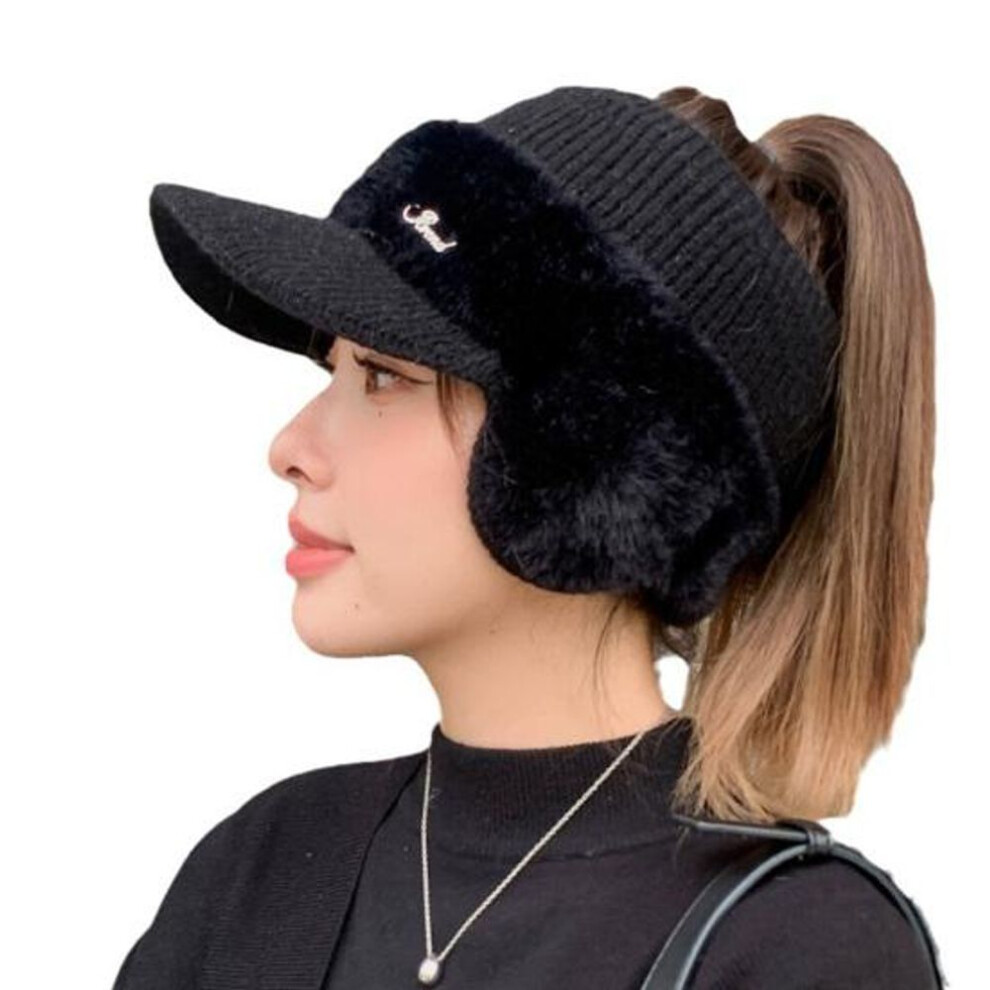 (black) Women Autumn Winter Knitting Baseball Hat Letter Design Earflap Plush Warm Hat Outdoor Sport Windproof Ponytail Hat