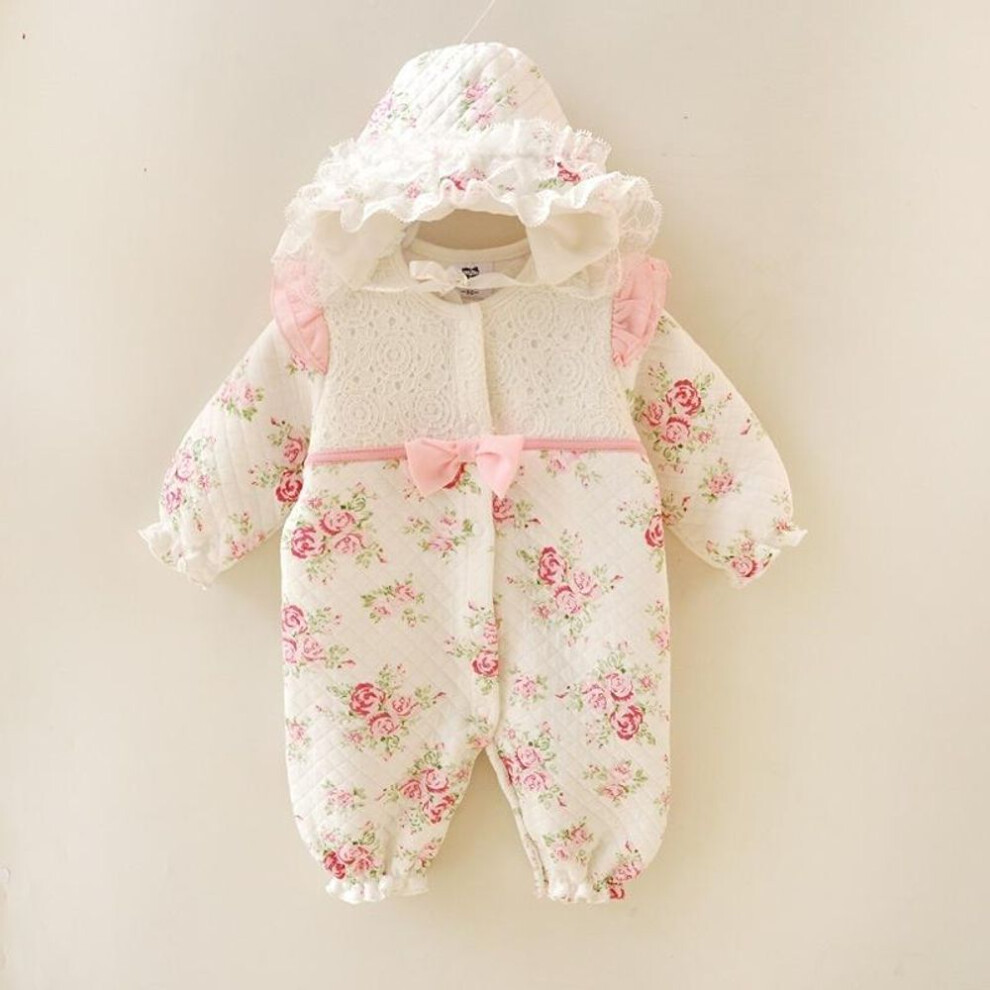 (beige, 6-9m) Winter Newborn Baby Girl Clothes Thickened Floral Princess Jumpsuit Clothing Sets Rompers + Hats