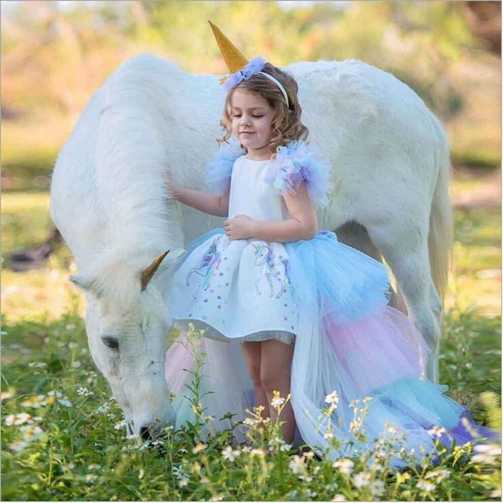 (as the picture, 120) Kids Rainbow Unicorn Dress With Long Tails Party Dress For Girl Princess Costume Lol Ball Gown Baby Girls Pony Dress