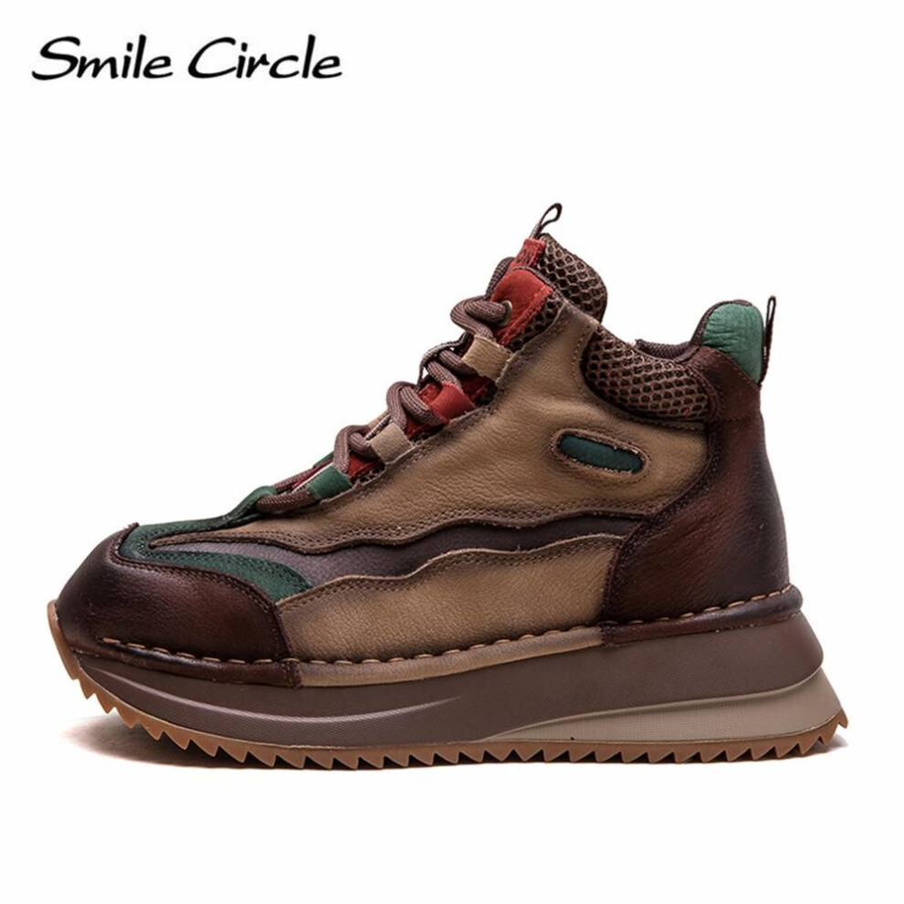 (green, 37) Genuine Leather Women Sneakers Round Toe Thick Bottom Trainers Comfortable Fashion Casual Shoes