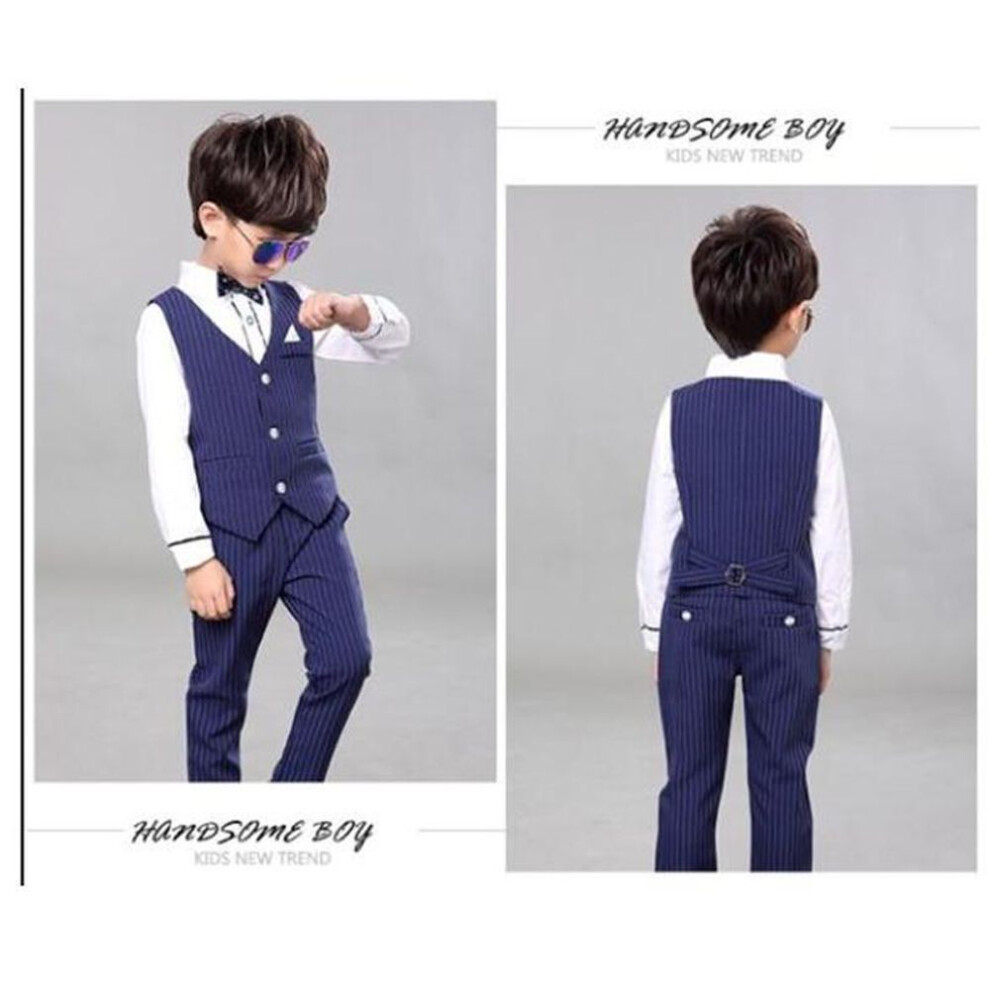 (blue, 130cm) Little Boys Outfits Two-piece Set Kids Vertical Stripes Waistcoat + Suit Pants 2 Colors 1-11 Years