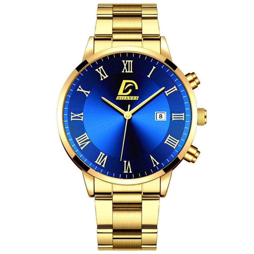(gold,blue) Fashion Mens Gold Stainless Steel Watches Men Business Casual Watch Luxury Calendar Quartz Wristwatch