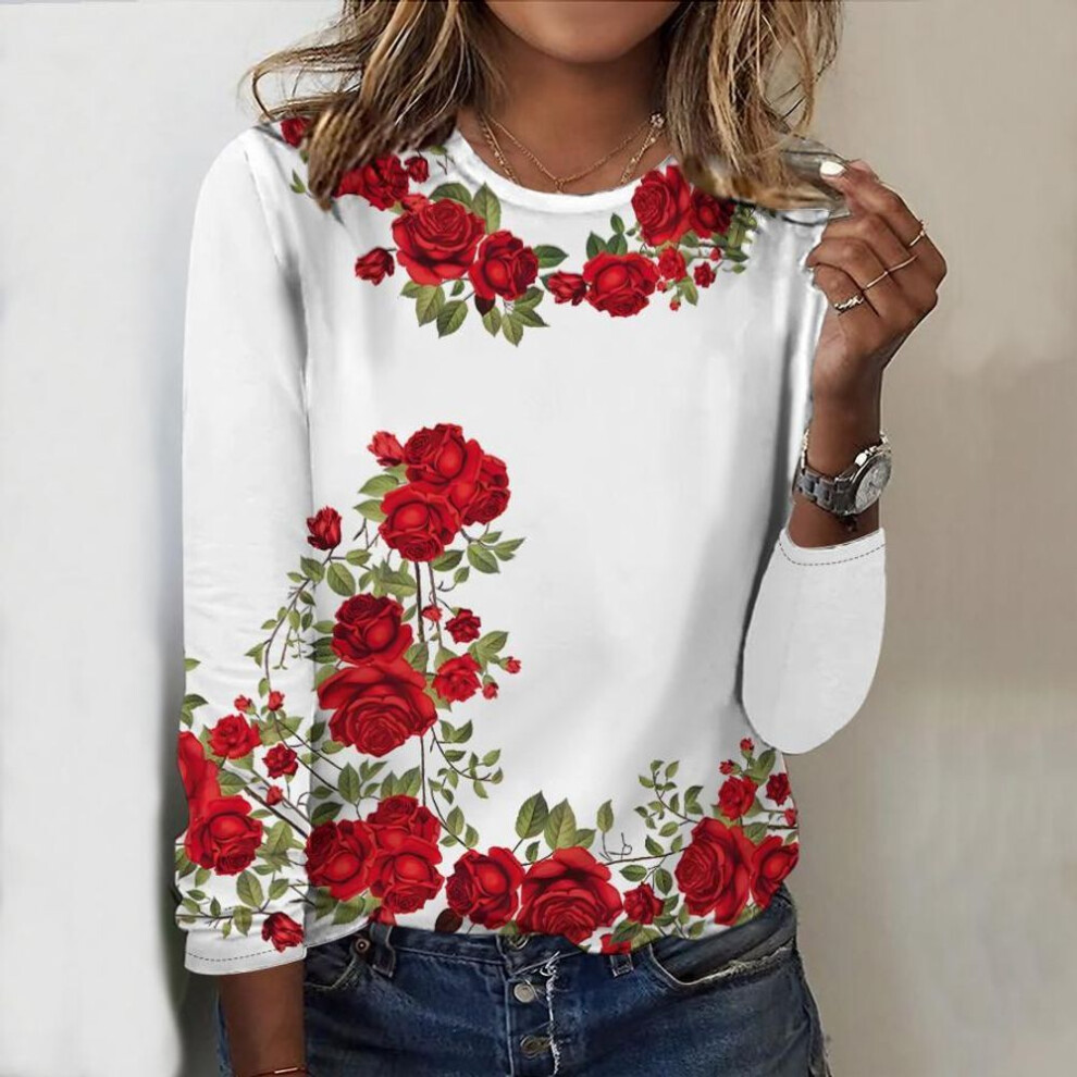 (3XL, white) Tops For Spring&Autumn Rose Ring Print Round Neck Long Sleeve T-shirt Fall Casual Slim Pullover Women&apos;s Long Sleeve Top