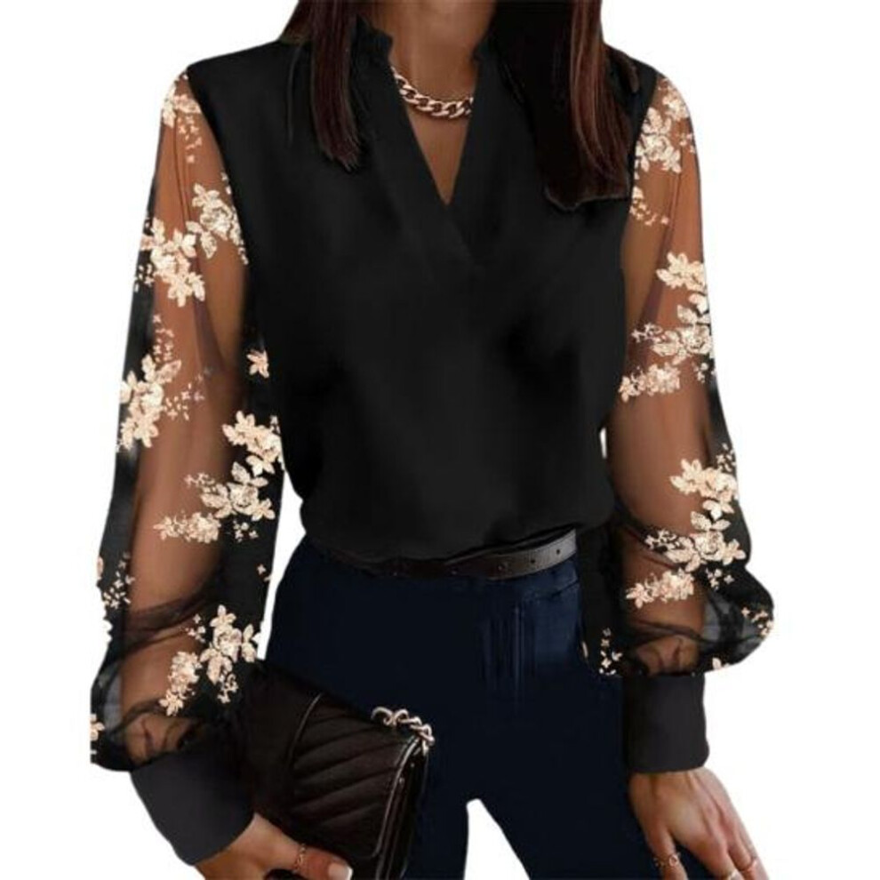 (2XL, black) Sleeve Large Size Shirt Blouse V-neck Lace Office Splicing See-through Puff Loose Fit Elegant Pullover Tops