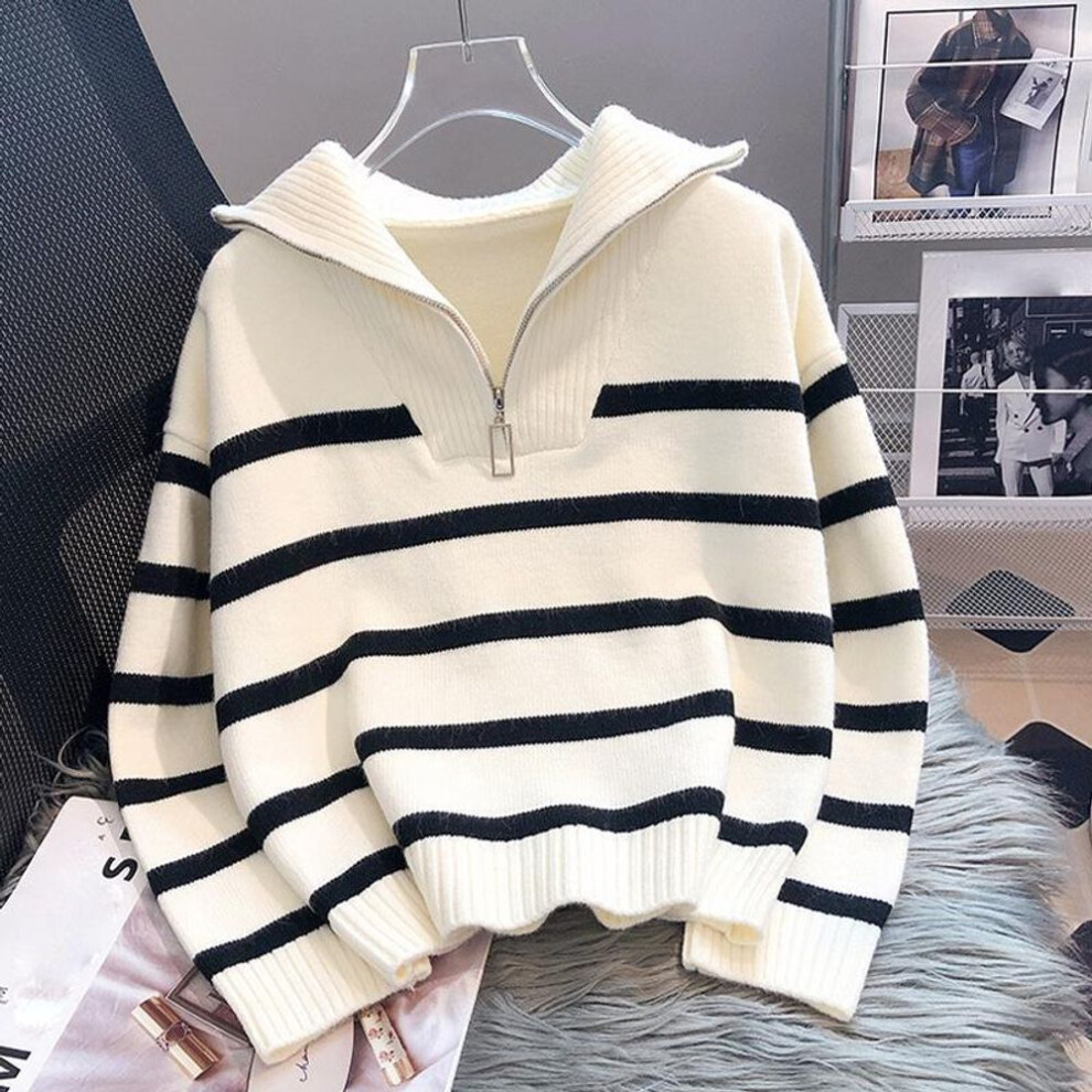 (One size, white) Turtleneck Casual Sweater Women&apos;s Loose Zipper Striped Knitted Top