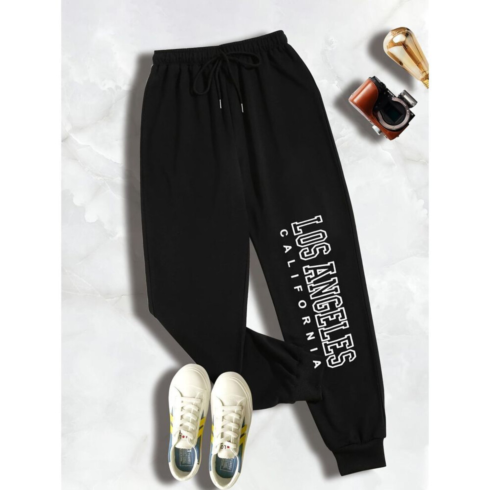 (black, 4XL) Plus Size Letter Print Drawstring Sweatpants, Women&apos;s Plus Slight Stretch Loose Fit Sweatpants