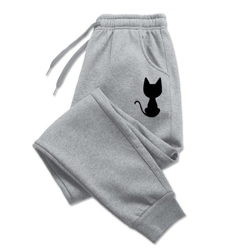 (light grey, XL) Cute Cat Printed Women Sweatpants Cotton Long Pants Jogger Trousers Sports Fitness Solid Jogging Pants