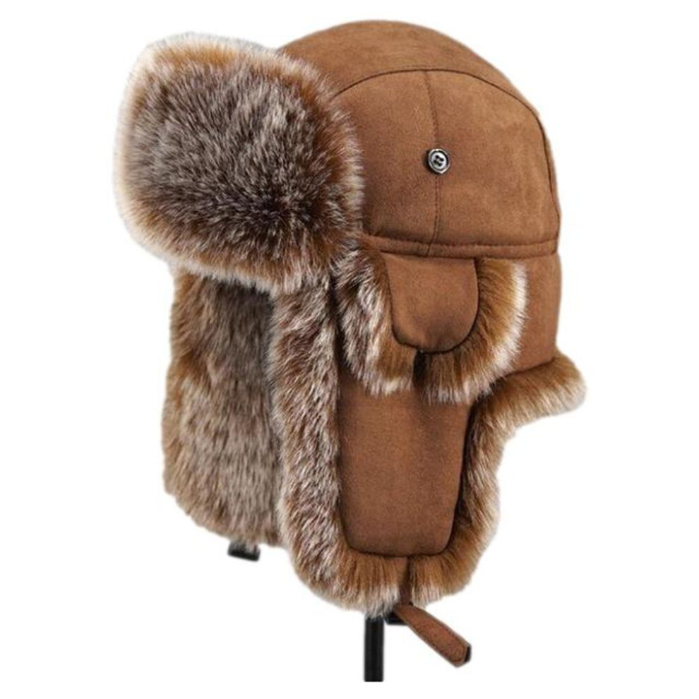 (brown, 54-60cm) Winter Plush Bomber Hats for Women Men Imitation Faux Fur Russian Ushanka Cap Northeast Cap Unisex Warm Snow Bonnet Earflap Hats