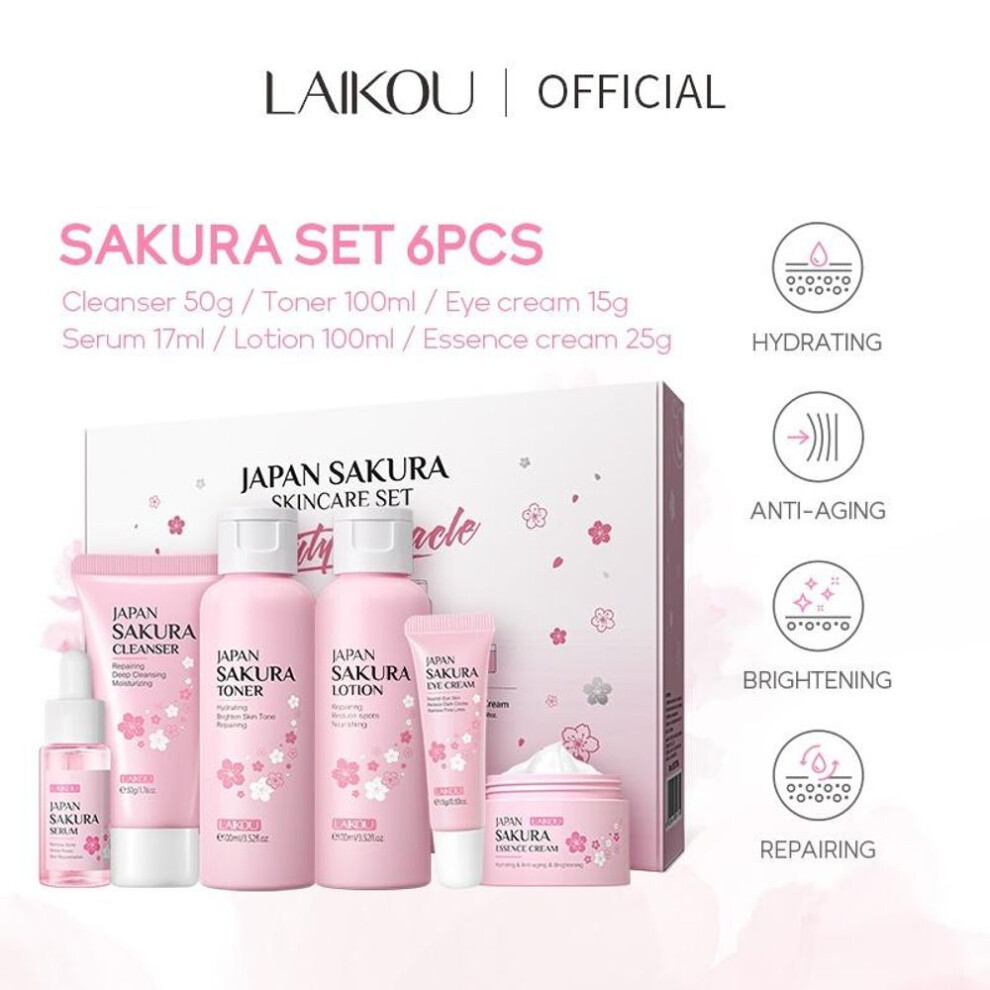 (6pcs/Box) Laikou Sakura Face Wash Serum 6pcs/set Skin Care Gift Box Brighten Skin Tone Moisturizer Anti-aging
