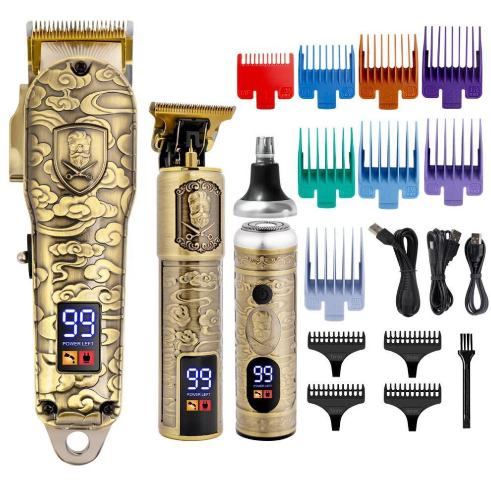 (gold) Professional Hair Clippers For Men 3 Set Barber Clippers For Hair Cutting Kit Lcd Display Hair Trimmers Set Rechargeable Haircut Machine For Family