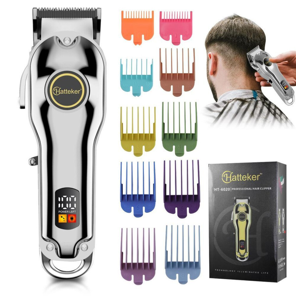 (silver, HT-6020Y) HATTEKER Hair Clippers For Man Professional Electric Beard Trimmer Cordless Men&apos;s Grooming Kit Rechargeable 696F