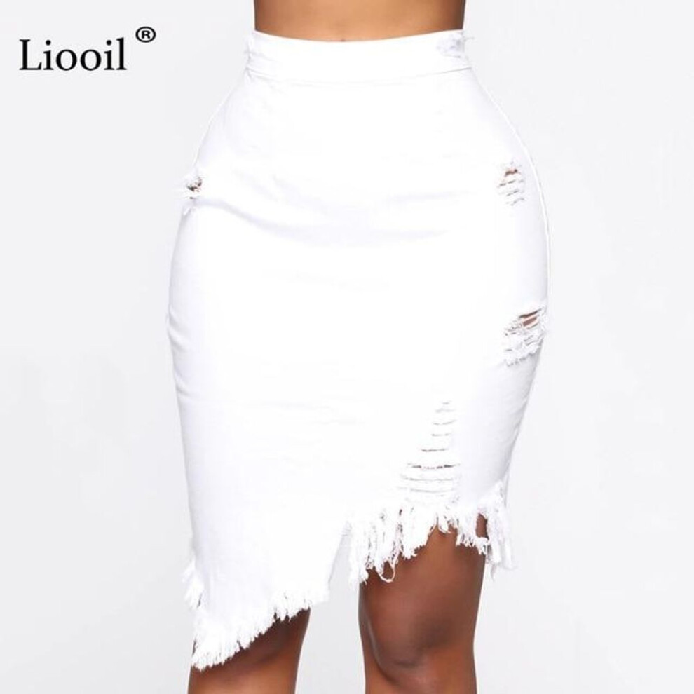 (XXL, white) Asymmetric Cotton Black White Hole Denim Midi Skirt With Tassel Streetwear High Waist Wash Distressed Women Bodycon Skirt