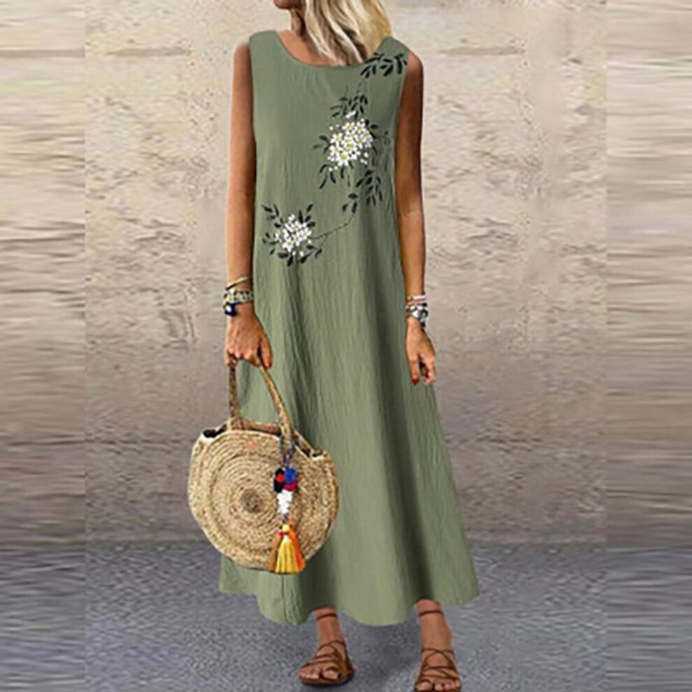 (green, XL) Women Summer Dress 2021 Printing Sexy Dress Plus Size Casual Linen Loose Sleeveless Printed Long Maxi Dress